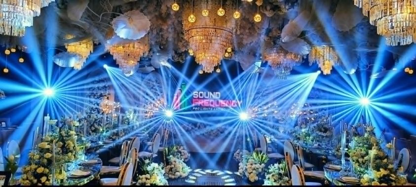 Blue beam lights and Sound Frequency LED wall at a wedding reception